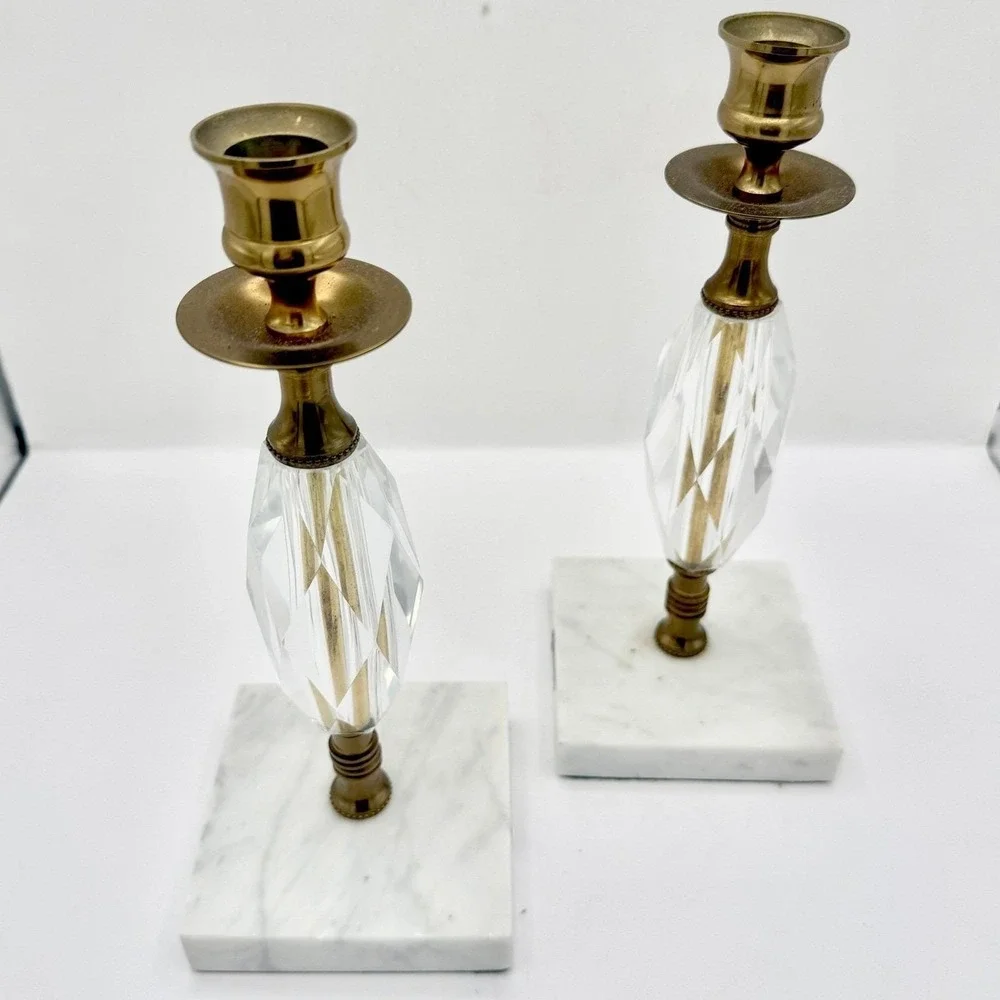Vintage Marble, Crystal, Brass Italian Candlesticks Italy 10.5